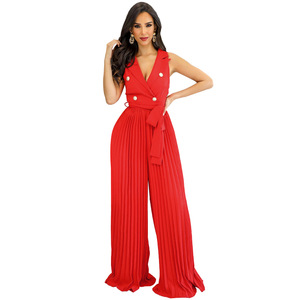 Décontracté col en V sans manches dos nu plissé jambe large femmes élégantes été mousseline de soie femmes Chic une pièce combinaisons avec pantalons longs - Product Image 2