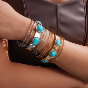 Bracelet ouvert multicouche en acier inoxydable avec pierre naturelle en forme de goutte d'eau, style ethnique vintage, bijou de luxe exagéré pour femme - Product Image 1