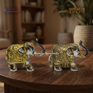 NIRMALA HANDICRAFTS - Paire d'éléphants contemporains en métal argenté et doré, objet décoratif |   Ensemble de figurines décoratives pour la décoration de la maison - Product Image 3