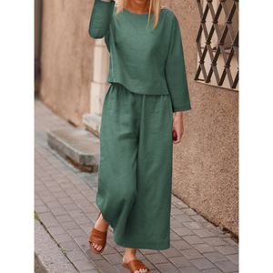 Women's Long-Sleeve Crew Neck Top & Wide-Leg Pants Solid Color Casual 2-Piece <b>Set</b> Fashion - Product Image 6