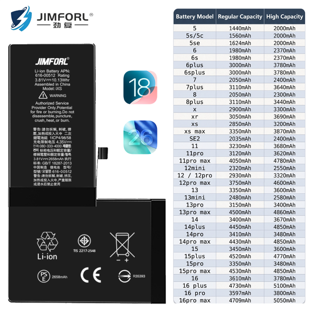 OEM 100% Life Original Mobile Phone Battery for iphone SE 6S 7 8 Plus 12 13 14 15 16 17 Pro Max for Iphone Batteries Genuine