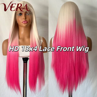 Perruques Naturelles Synthétiques Premium Futura Fibra en Gros, Lace Front HD 13*4, 340g, Dégradé Blanc Rose, Lisses, Effet Mat, Résistantes à la Chaleur
