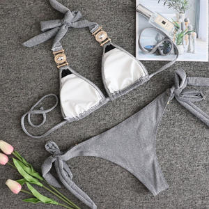 <span class=keywords><strong>Bikini</strong></span> Halter Sexy Europeo y Americano 2026, Color Sólido con Tiras Doradas Metálicas, Ecológico, Conjunto <span class=keywords><strong>de</strong></span> 2 Piezas, Traje <span class=keywords><strong>de</strong></span> Baño para Mujer - Product Image 5