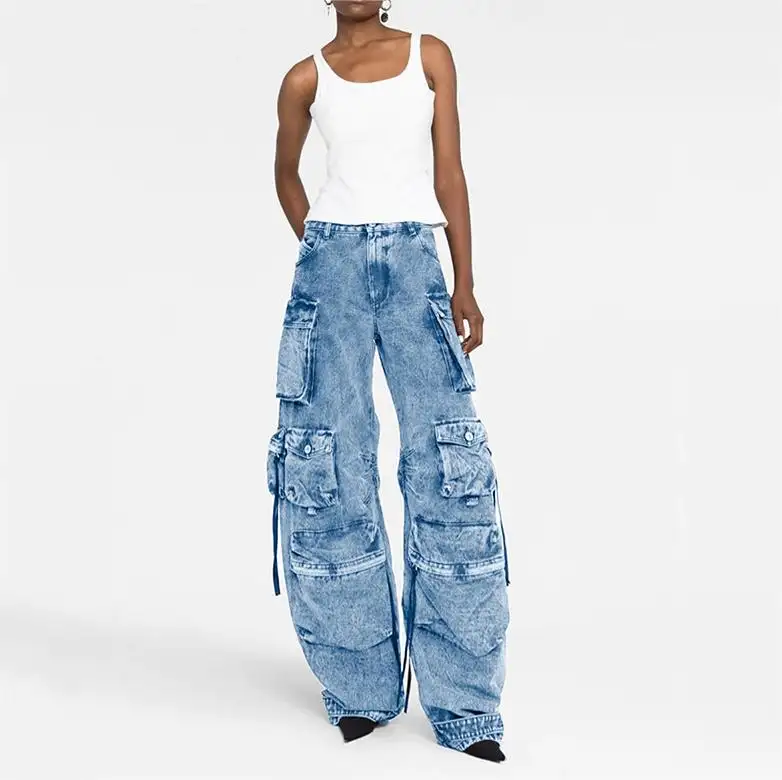 Y2K streetwear unisex cargo Pantalones vaqueros baggy style womens vaqueros wide leg straight multi-pocket denim jeans