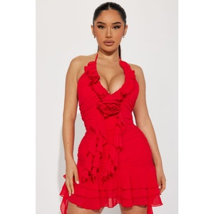 เดรสปาร์ตี้ลำลองสำหรับผู้หญิง คอวีลึก แต่งระบาย จับจีบ ซิปหลังแบบซ่อน ดีไซน์เฉพาะตัว - Product Image 2