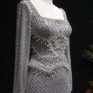 Abito da sera Sharon Said SS633 di lusso grigio Dubai con cristalli e <span class=keywords><strong>maniche</strong></span> <span class=keywords><strong>lunghe</strong></span>, abito da cerimonia formale da donna araba per matrimoni e feste - Product Image 2