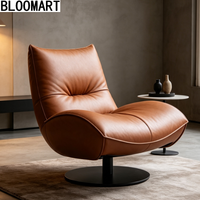 Fauteuil d'appoint pivotant moderne en cuir véritable avec rembourrage en éponge, structure en bois et base rotative en acier carbone