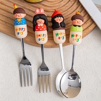 Ensemble polyvalent et durable de cuillères et fourchettes en acier inoxydable avec manche en silicone motif dessin animé pour desserts, café, fruits – Ustensiles de table domestiques
