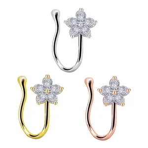 Groothandel neus clip allergie-Zinc Alloy Leaf Nose Ring Cuffs Gold Plated None Piercing Nose Ring Clip on Anti Allergy Nose Clip Inlay Rhinestone for Women