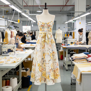 Abito Midi Floreale Giallo <span class=keywords><strong>da</strong></span> Donna con Spalline Sottili, Busto Drappeggiato e Cintura Annodabile, Modello A-Line, Ideale per Invitate a Matrimoni, Personalizzabile con MOQ Ridotto - Product Image 5