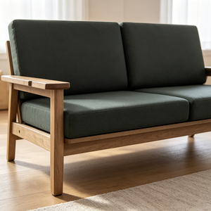 Sofá de Dos Plazas con Estructura de Madera de Nogal Oscuro Premium, Sofá Compacto de Tela Verde Oscuro de Estilo Minimalista Japonés - Product Image 4