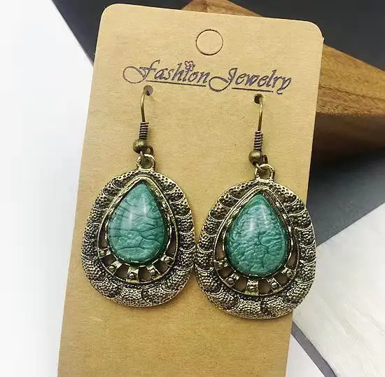 Beautiful design water drop electroplate precious stone earrings antique silver earrings boho vintage earrings
