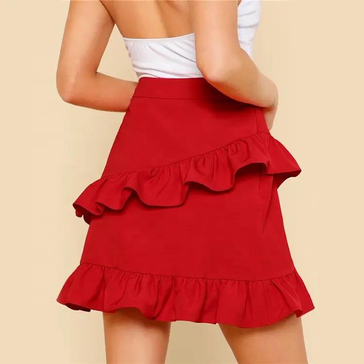 Sommer mode Hohe Taille Kurze Asymmetrische Rüschen Rote Damen röcke