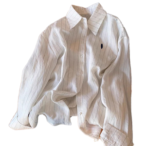 Chemise boutonnée en lin rayée pour femme, manches longues, coupe ample, col rabattu, décontractée, printemps-été - Product Image 1