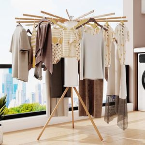 Wholesale Tripod Wooden Multifunction Adjustable Non-Folding Clothes Drying Rack OEM ODM Custom Logo 16 Poles Floor <b>Storage</b> - Product Image 2