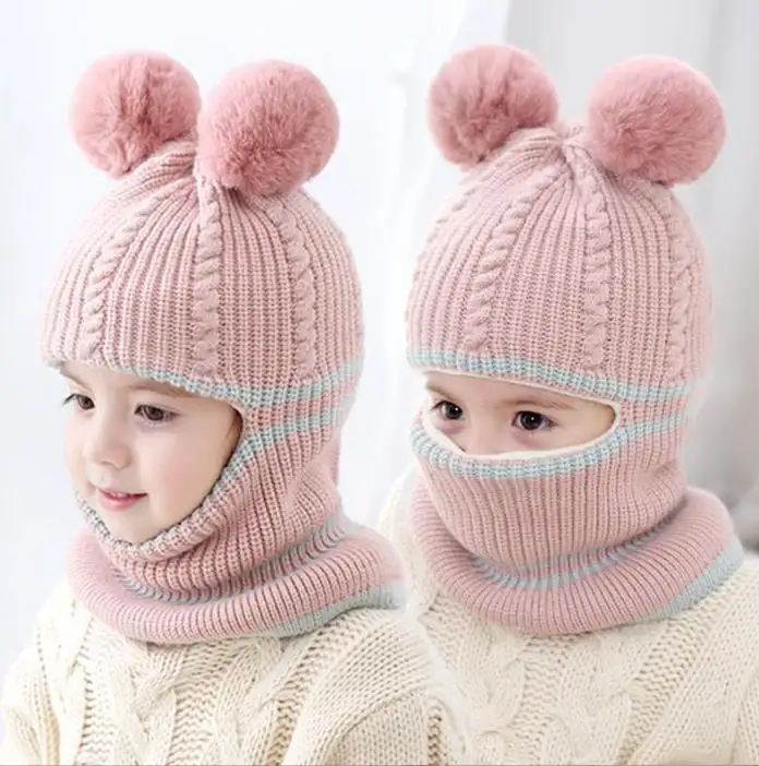 Детская зимняя теплая вязаная шапка с помпоном из искусственного меха шапки шарфы детская шапочка шарф набор