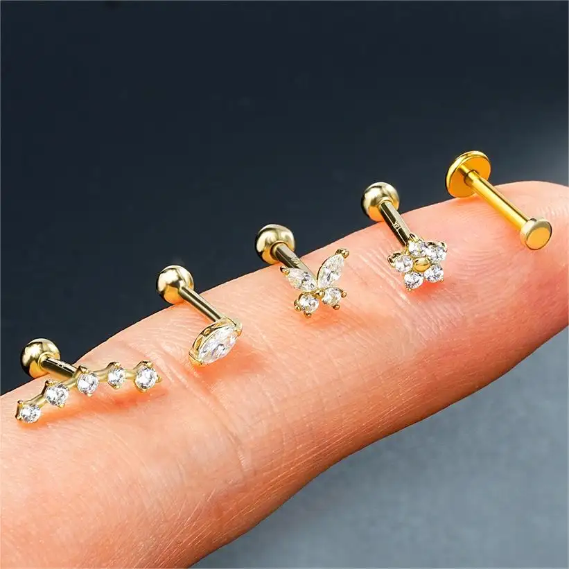 14k vàng rắn vàng hoa rõ ràng CZ Đá trong nội bộ ren labret cơ thể xuyên đồ trang sức sụn xuyên Bông tai