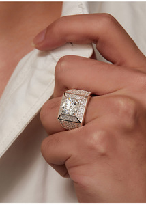 Men's 22K <b>Gold</b> Plated Moissanite <b>Cocktail</b> <b>Ring</b> Round Brilliant Cut Pave Setting Geometric Hiphop Style Everyday Wear - Product Image 4