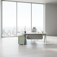 Bureau de direction moderne convertible en forme de L, gris et blanc, en panneaux de particules E1 écologiques, rails silencieux, pour bureau professionnel de PDG