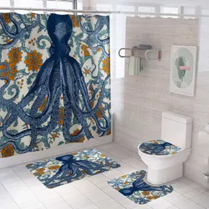 定制章鱼聚酯防水数字印刷3d浴室浴帘带浴帘和地毯设计师