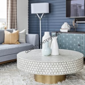 Mesa de Centro Redonda Moderna Hecha a Mano con Incrustaciones de Hueso y Resina, Fabricación Artesanal India para Sala de Estar - Product Image 1