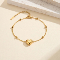 Bracelet minimaliste en acier inoxydable doré avec breloque cœur lisse et chaîne à maillons, étanche
