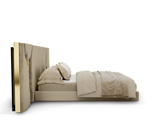 Lit plateforme de luxe sur mesure avec tête de lit large capitonnée, en velours beige et détails craquelés en feuille d'or pour chambre principale - Product Image 6