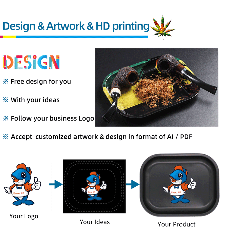 Factory wholesale custom metal tin rolling tray herb tobacco smoking tray food serving tray