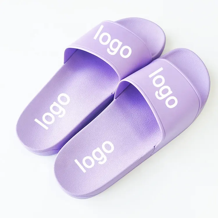 Быстрая доставка, Симпатичные сандалии-слайды с индивидуальным принтом логотипа, Нескользящие тапочки, модные фиолетовые тапочки для американских женщин и девочек