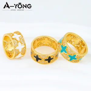 Anel de flores banhado a ouro 18K, joia fashion Ayong, anel de flores à prova d'água, cor esmaltada, não mancha, para mulheres