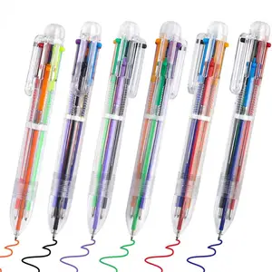 Promotional cheapest small big Multicolor Pens 0.5mm 6-in-1 Retractable Ballpoint Pens 6 Colors Transparent Barrel Ballpoint Pen