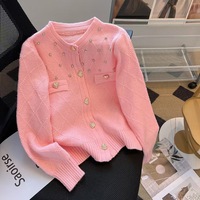 Nuevo diseño al por mayor cárdigan perla lujo bolsillo cárdigan mujeres solo pecho cuello redondo elegante mujeres suéteres
