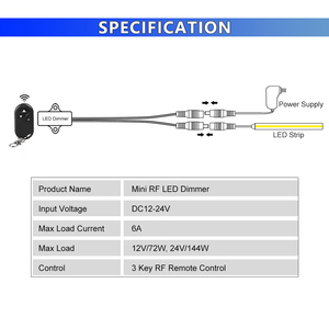 迷你发光二极管调光器6A DC12-24V控制器，带<span class=keywords><strong>3</strong></span>键射频433兆赫无线遥控器，适用于发光二极管COB单色灯带灯 - Product Image 6