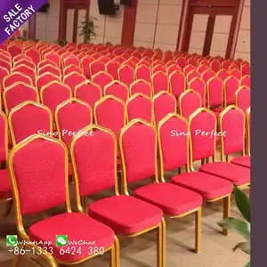 Commercial Furniture Customized Red Fabric Gold Frame Luxury Dinning Hotel Event Banquet Wedding Chair