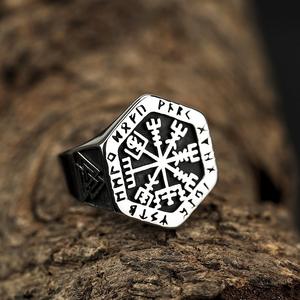 Men's Hexagon Titanium Steel <b>Ring</b> Nordic Viking Compass Symbol Geometric Design Gift Jewelry - Product Image 1