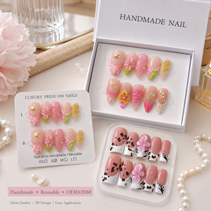 Fournisseur OEM de <span class=keywords><strong>faux</strong></span> <span class=keywords><strong>ongles</strong></span> en acrylique courts en forme d'amande, faits à la main en 3D, avec étiquette privée - Product Image 5
