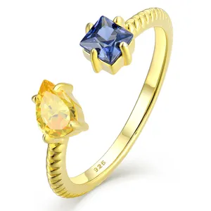 Tarnish Free Jewelry 18k Gold Plated Rings 5A Pear Yellow Zirconia Princess Square Tanzanite Open 925 Sterling Silver Rings