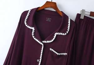 PJ-051 Modal Long Sleeve Women's Pajama <b>Set</b> Collar Embroidery Trim Spring/Autumn <b>Knitted</b> Loungewear Simple - Product Image 6