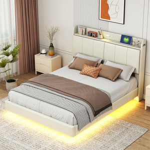 Lit plateforme moderne personnalisé en PU, taille Queen, avec cadre flottant, tête de lit avec rangement et veilleuse à capteur tactile - Product Image 1