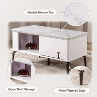 Table basse de salon en bois sur mesure, moderne, avec pieds métalliques coniques, plateau en marbre veiné, étagère ouverte, tiroir fermé et plateau en verre technologique