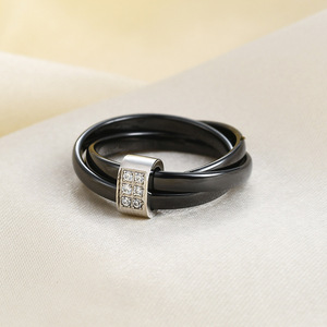 Black And White Ceramic Three <b>Ring</b> Cross Stainless Steel Diamond Set <b>Couple</b> <b>Rings</b> Women's Everyday Wear - Product Image 3
