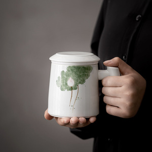 Ceramic Mug With Lid Hand Painted Lotus Design <b>Large</b> Capacity <b>Tea</b> <b>Cup</b> For Daily Use - Product Image 3