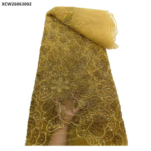 Tissu de dentelle de luxe avec perles de cristal, broderie orange brûlé, tulle africain et sequins perlés - Product Image 5