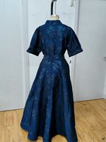 Robe de soirée chic vintage bleu marine brocart à motif floral avec ceinture pour galas, style A-line, taille naturelle, anti-plis, idéale pour l'été