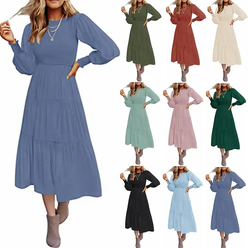 OEM long sleeve solid color dress Custom LOGO pleated layered swing dress Hot sale round neck midi casual dress for women