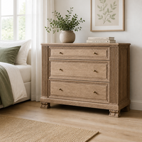 Commode à 3 tiroirs en bois massif sculpté, avec pieds de vache et pilastres rainurés, pour chambre et salon modernes, idéale pour les designers d'intérieur