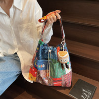 Sac en jean rétro style ethnique color-block, nouvelle collection printemps 2026, sac à bandoulière, sac en toile pour femme