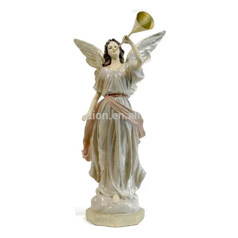 モダンな屋外の庭の装飾樹脂天使彫刻工芸品と吹くトロンボーングラスファイバー樹脂天使像