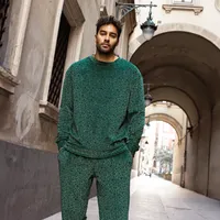 Ensemble de survêtement élégant pour homme, style tendance, grande taille, logo personnalisé, imprimé léopard vert, velours premium, deux pièces