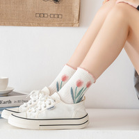 Chaussettes mi-mollet en coton pour femmes, motif floral tulipe vert et rose, avec revers à volants, chaussettes décontractées multicolores pour dames, lot